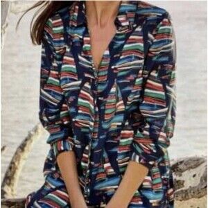 SOFT SURROUNDINGS Sail Away Nautical Boat Print Button Tunic Blouse Med Coastal